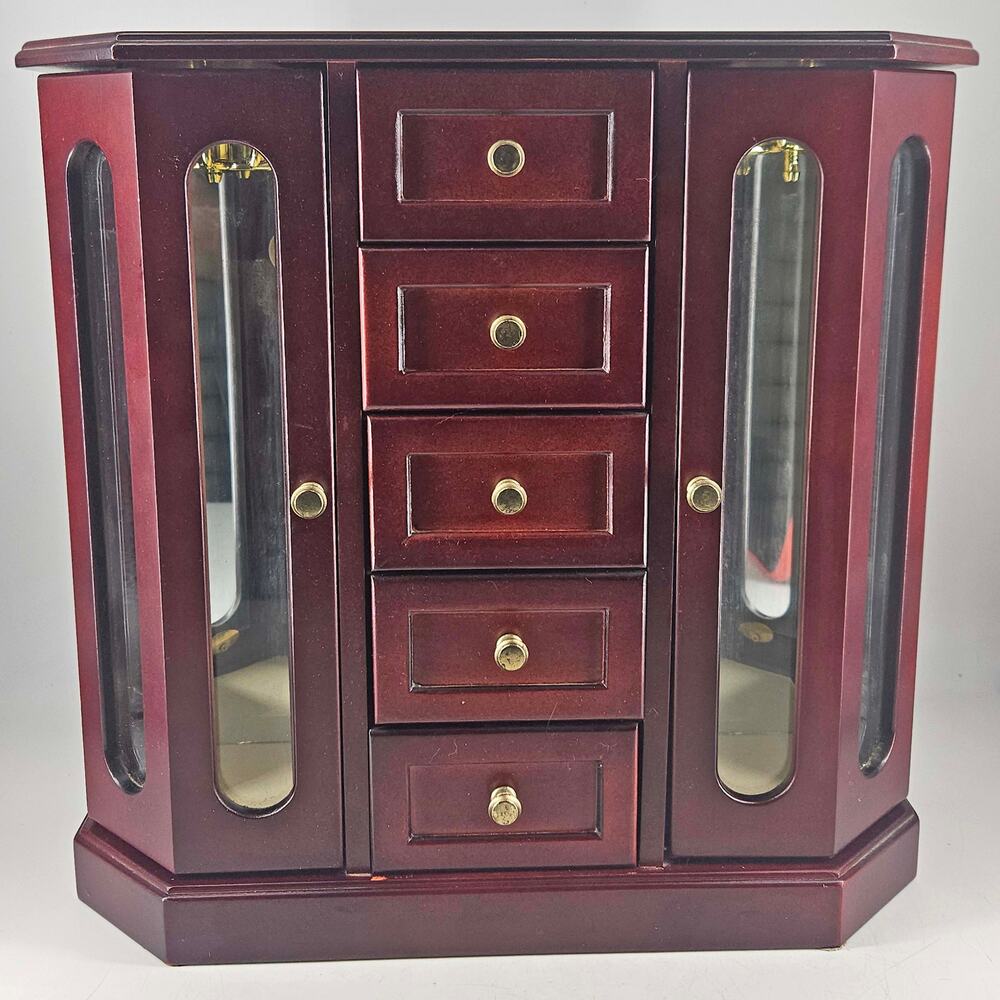 Wood jewelry armoire box glass doors carousel on box sides mirrored 5 drawers